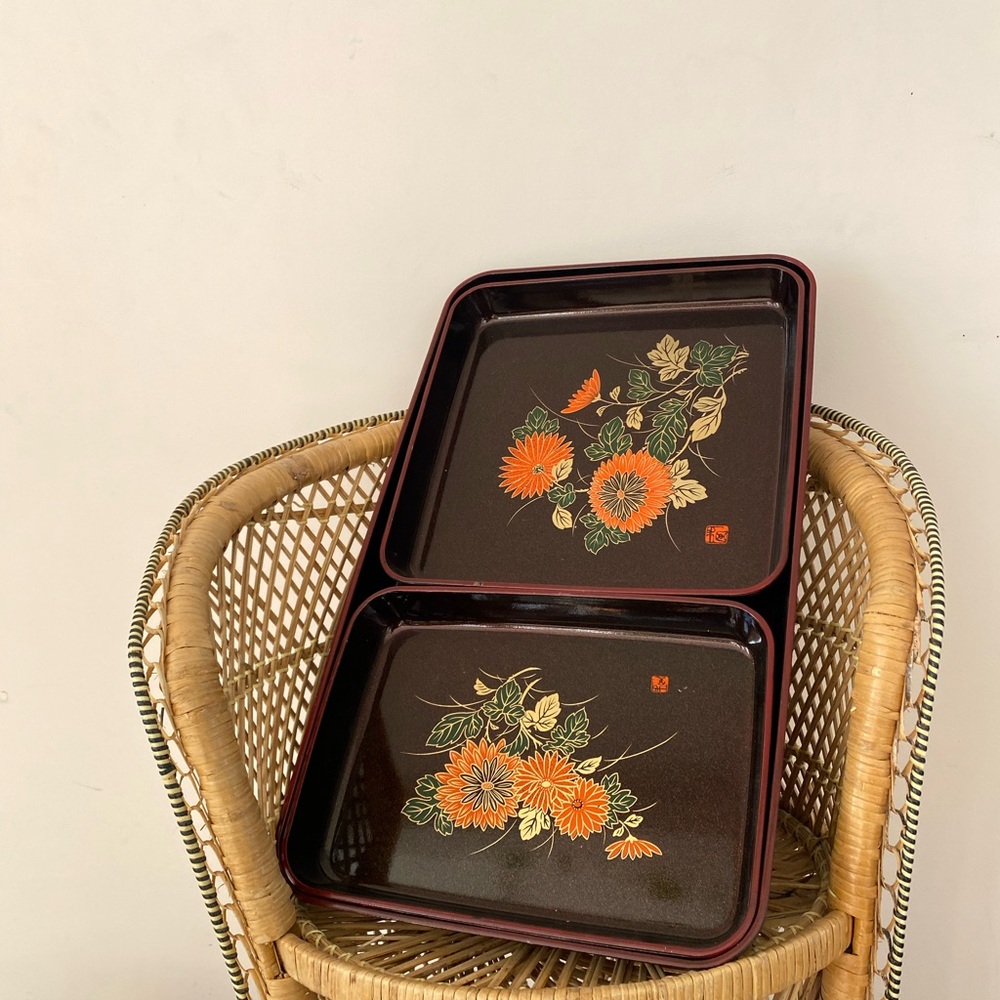 Vintage Floral Design Serving Trays - Brown and Orange
